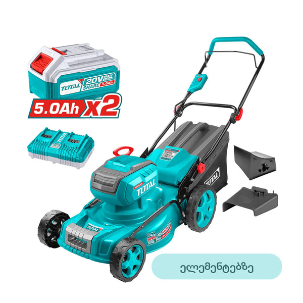 გაზონის საკრეჭი მანქანა ელექტრო ძრავზე TOTAL TLMLI20186 (460 მმ, 40V) 2 ცალი ელემენტით და დამტენით