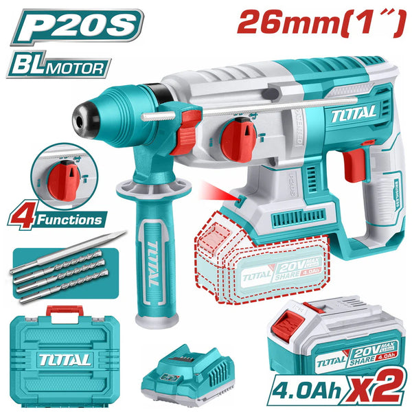 პერფორატორი TOTAL TRHLI202287 (20 V) 2ჯ - 2 ელემენტით და დამტენით