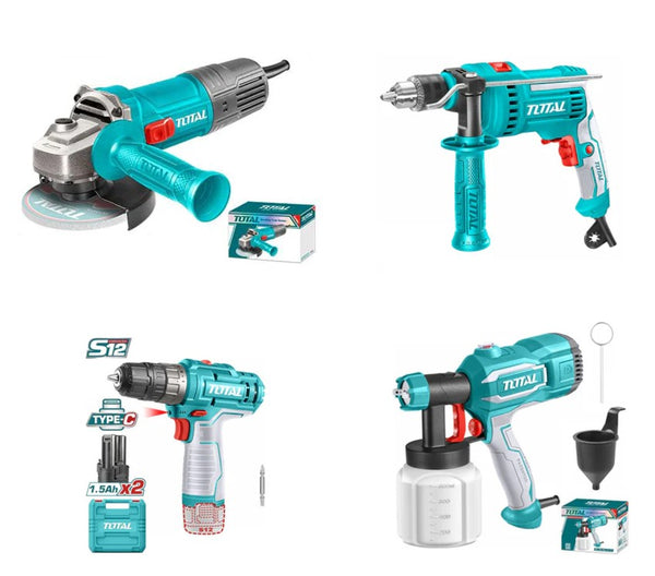 TOTAL-ის 4 ინსტრუმენტი სპეციალურ ფასად - ელ. ბურღი,კუთ.საჭრ მანქანა,აკ.ბურღ.სახრახნისი და პულვერიზატორი